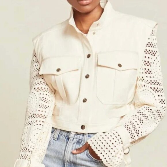 Veronica Beard Jackets & Blazers - Veronica Beard Cream Crochet-Sleeve Jean Jacket